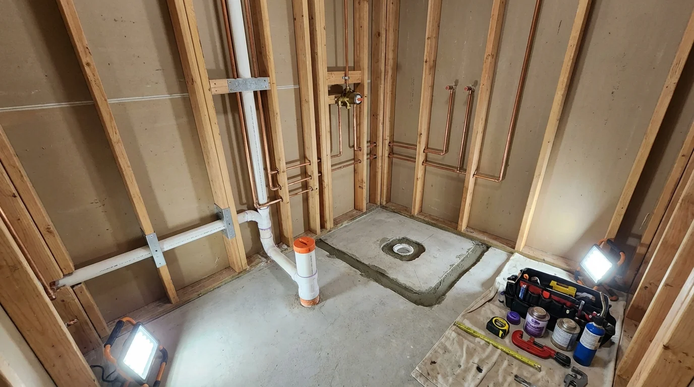 Bathroom rough-in plumbing during remodel by Johns Plumbing LLC in Bucyrus