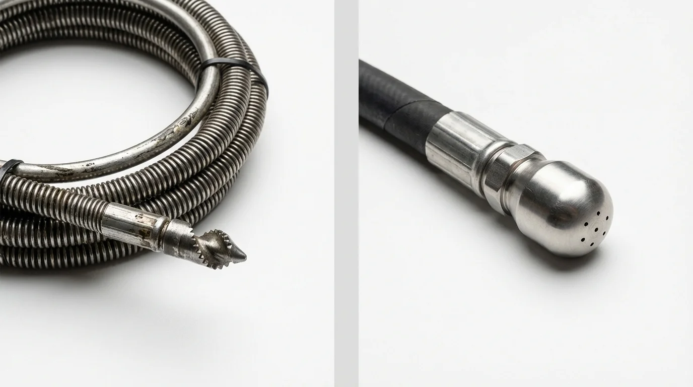 Drain snake cable and hydro jetting nozzle used for drain cleaning in Bucyrus, OH