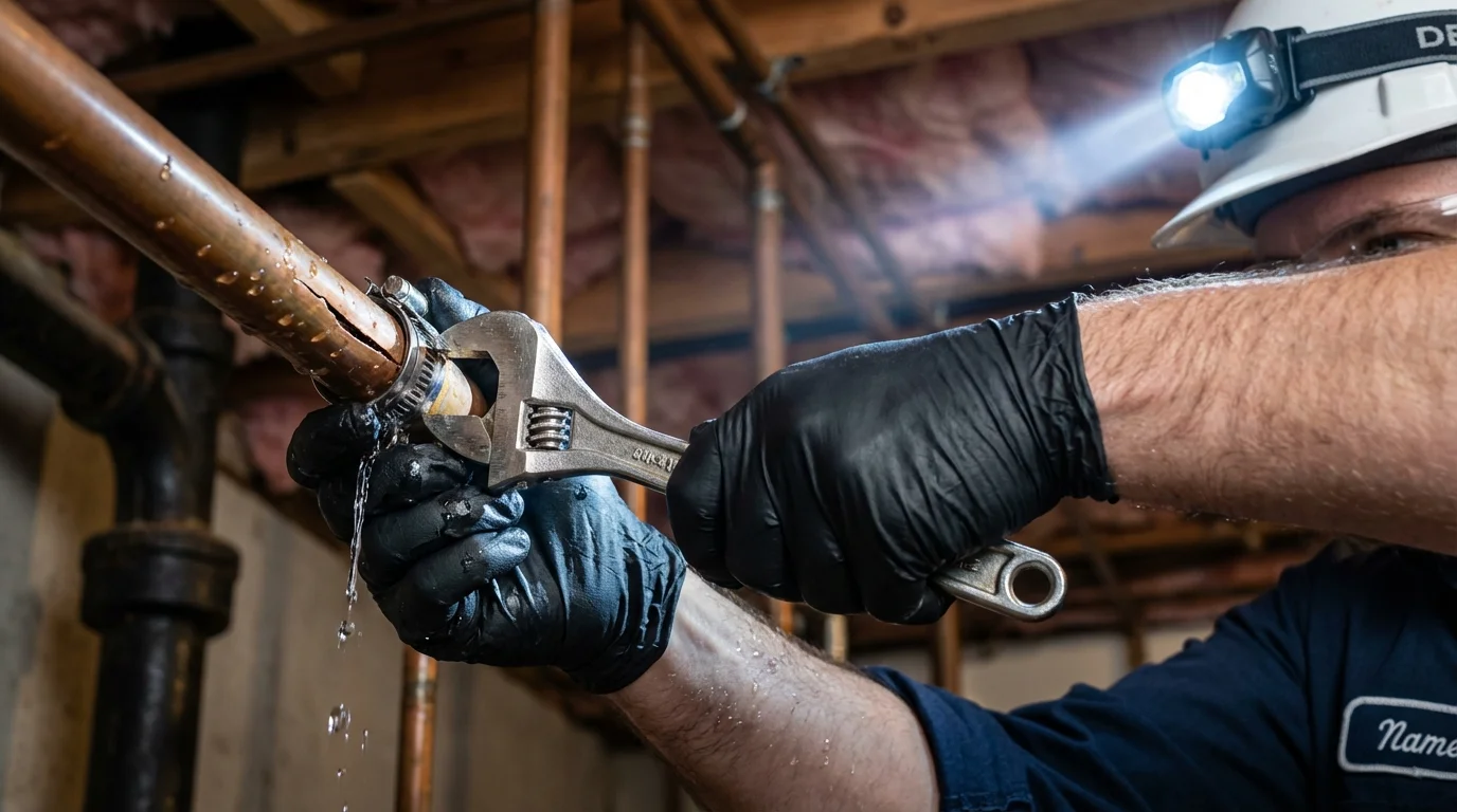 Emergency pipe clamp repair being performed by a Johns Plumbing LLC plumber in Bucyrus