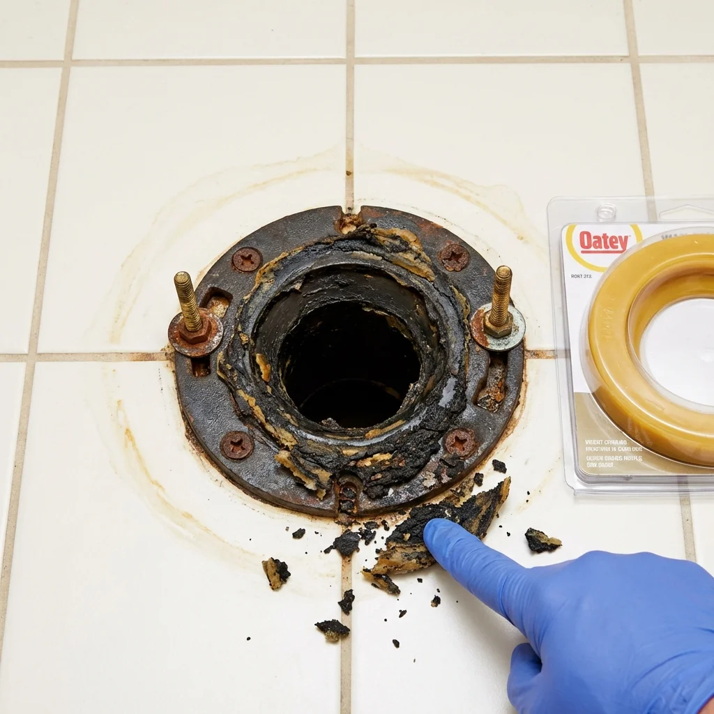 Failed wax ring showing water seepage at the base of a toilet in a Bucyrus, OH home