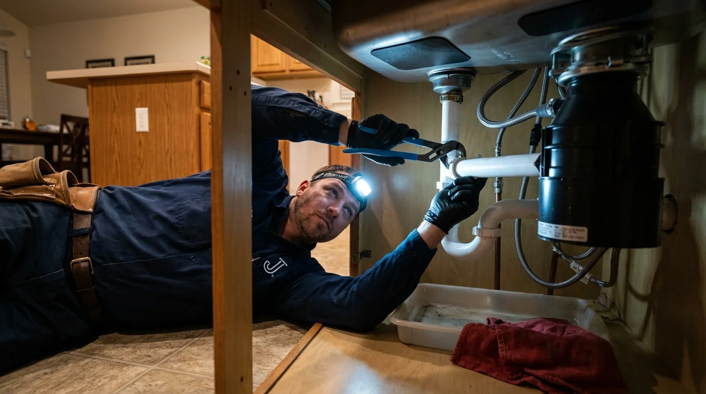 P-trap and supply line connections under a kitchen sink showing a common leak point in Bucyrus, OH